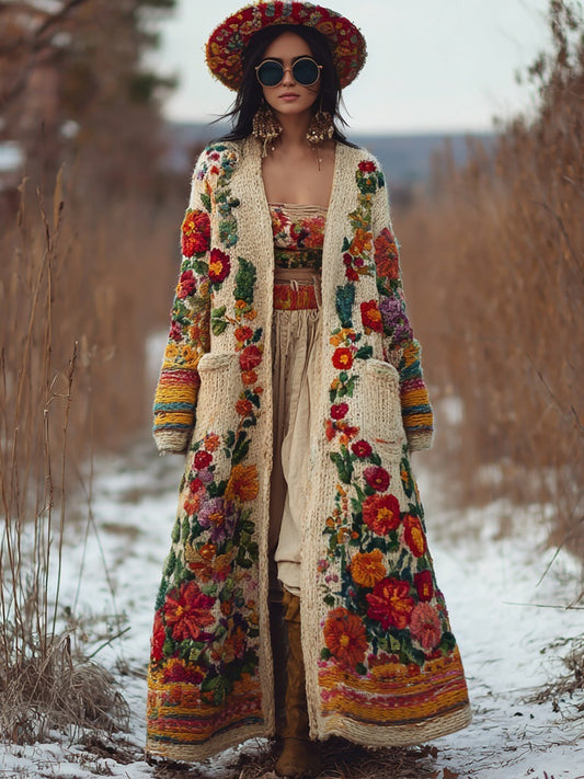 Vintage Mexican Flowers Embroidered Long Sweater Cardigan artswardrobe