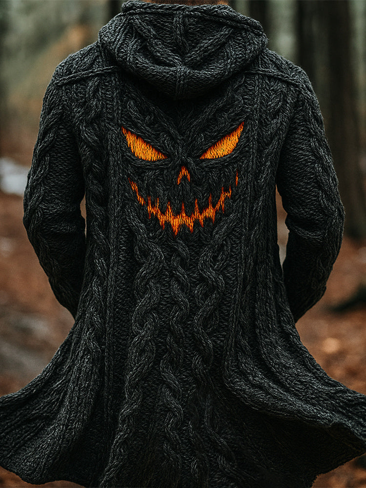 Halloween Evil Pumpkin Emoji Men's Chunky Knit Hooded Long Cardigan artswardrobe