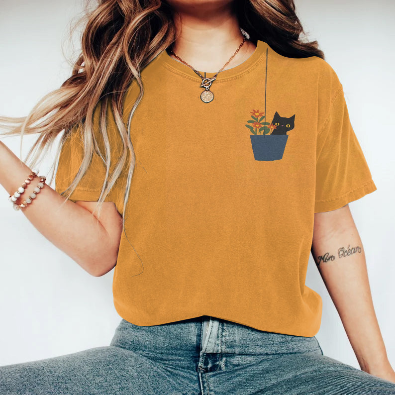 Cat In Flower Basket Print Round Neck Casual T-Shirt elevenforest
