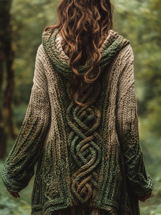 Women's Celtic Knot Gradient Color Cozy Knit Hooded Cardigan elevenforest