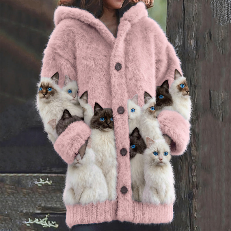 Cárdigan de lana con estampado de gatos blanco y negro