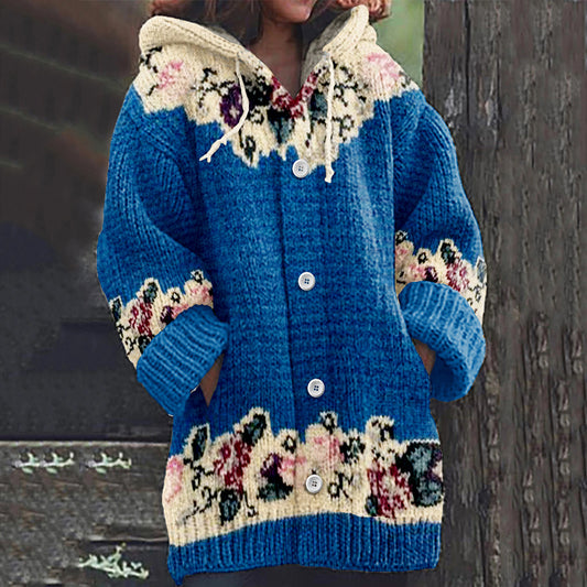 Vintage Iceland Floral Jacquard Cozy Sweater Hooded Cardigan elevenforest