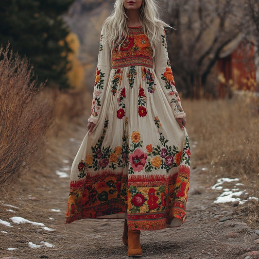 Comstylish Mexican Flowers Embroidered Crew Neck Flowy Linen Maxi Dress