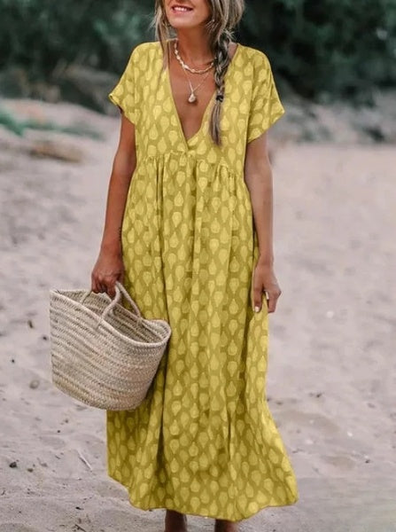 KL | Vestido casual en tejido estampado con escote en V y manga larga