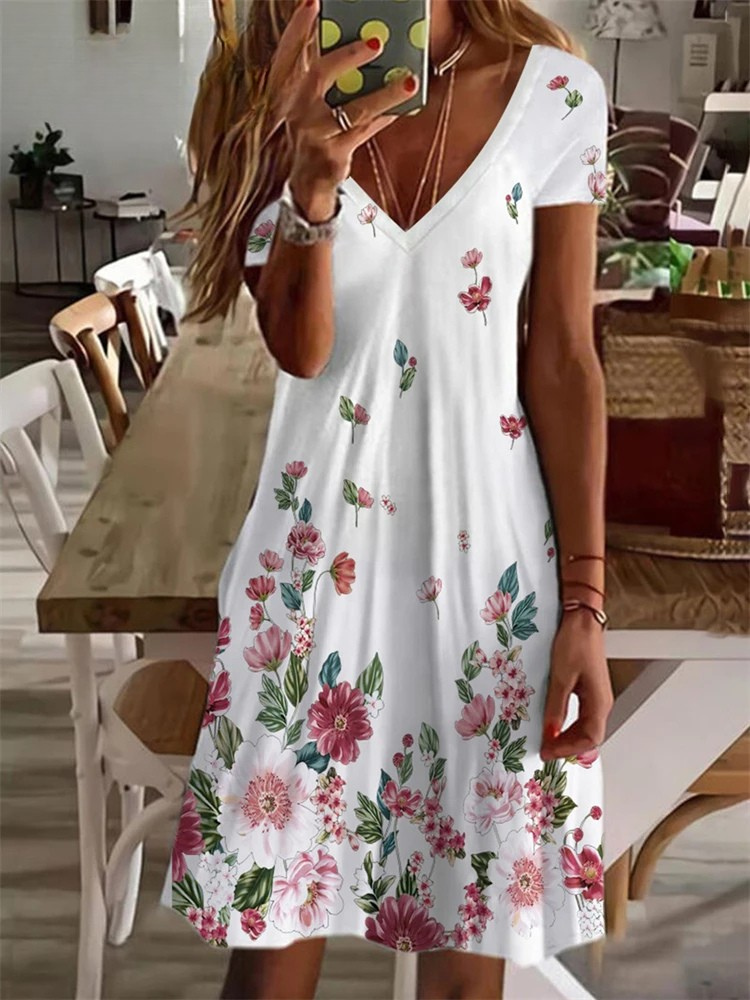 KL | Mujer Sundress Midi Vestido Manga Corta Estampado Floral Verano Casual Cuello en V Vestidos Sueltos Talla Grande 2024 Ropa de Mujer Vestidos