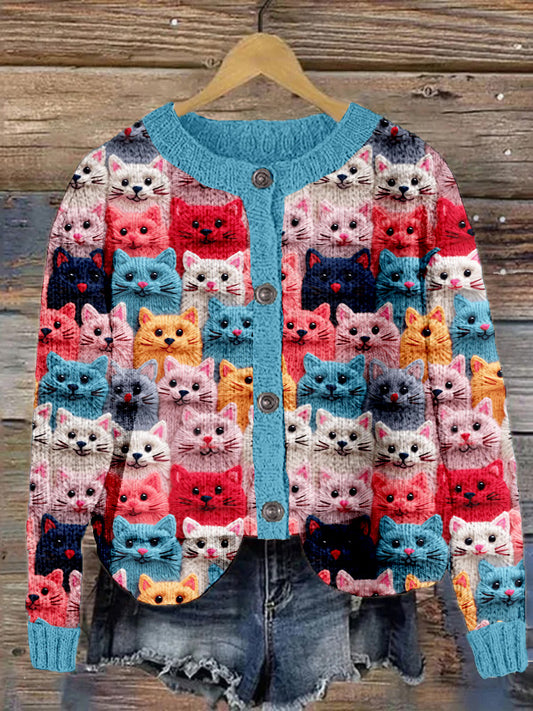 Colorful Cute Cats Embroidered Crew Neck Cozy Cardigan elevenforest