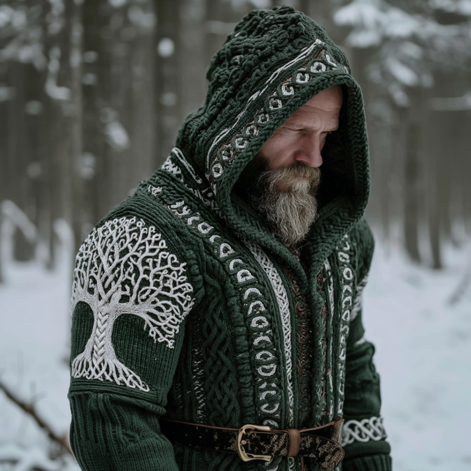Viking Retro Style Men's Winter Warm Hooded Knit Sweater Cardigan Jacket artswardrobe
