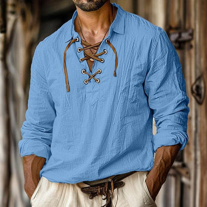 Men's Summer Beach Style Lapel Loose Pullover V-neck Drawstring Long-sleeved Shirt artswardrobe
