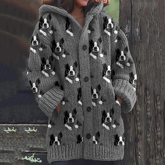 Comstylish Boston Terrier Lazy Puppy Applique Wool Felt Art Cozy Hooded Cardigan Sweater