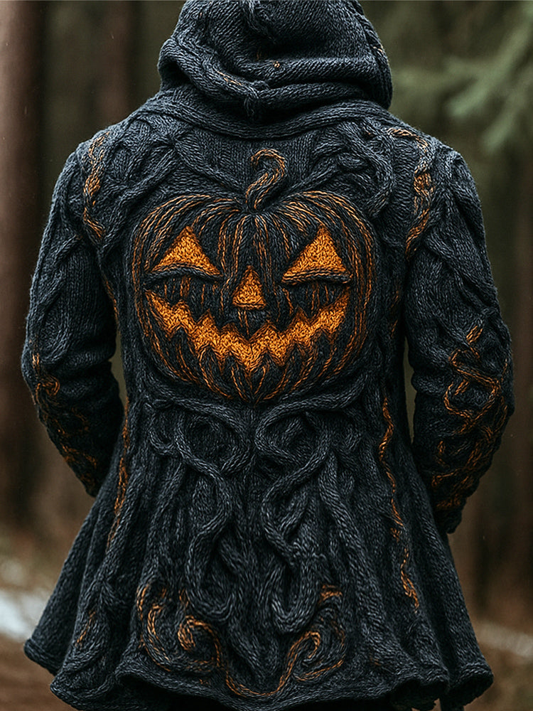 Halloween Pumpkin Emoji Men's Chunky Knit Hooded Sweater Cardigan artswardrobe