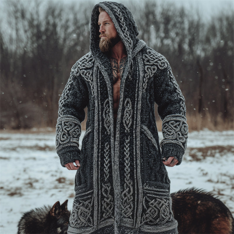 Men's Viking Contrast Celtic Knot Chunky Cozy Hooded Long Cardigan artswardrobe