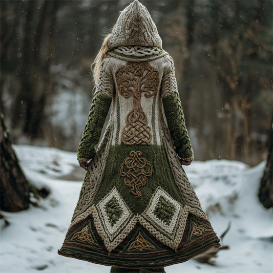 Viking Tree Of Life Celtic Contrast Chunky Hooded Long Cardigan artswardrobe