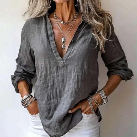 Vintage V Neck Cotton Linen Comfy Shirt artswardrobe