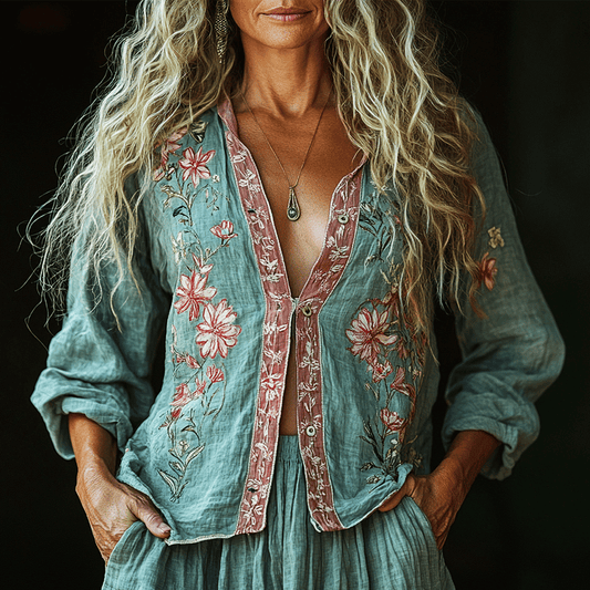 Bohemian Linen Floral Art Print  Long Sleeve Shirt artswardrobe