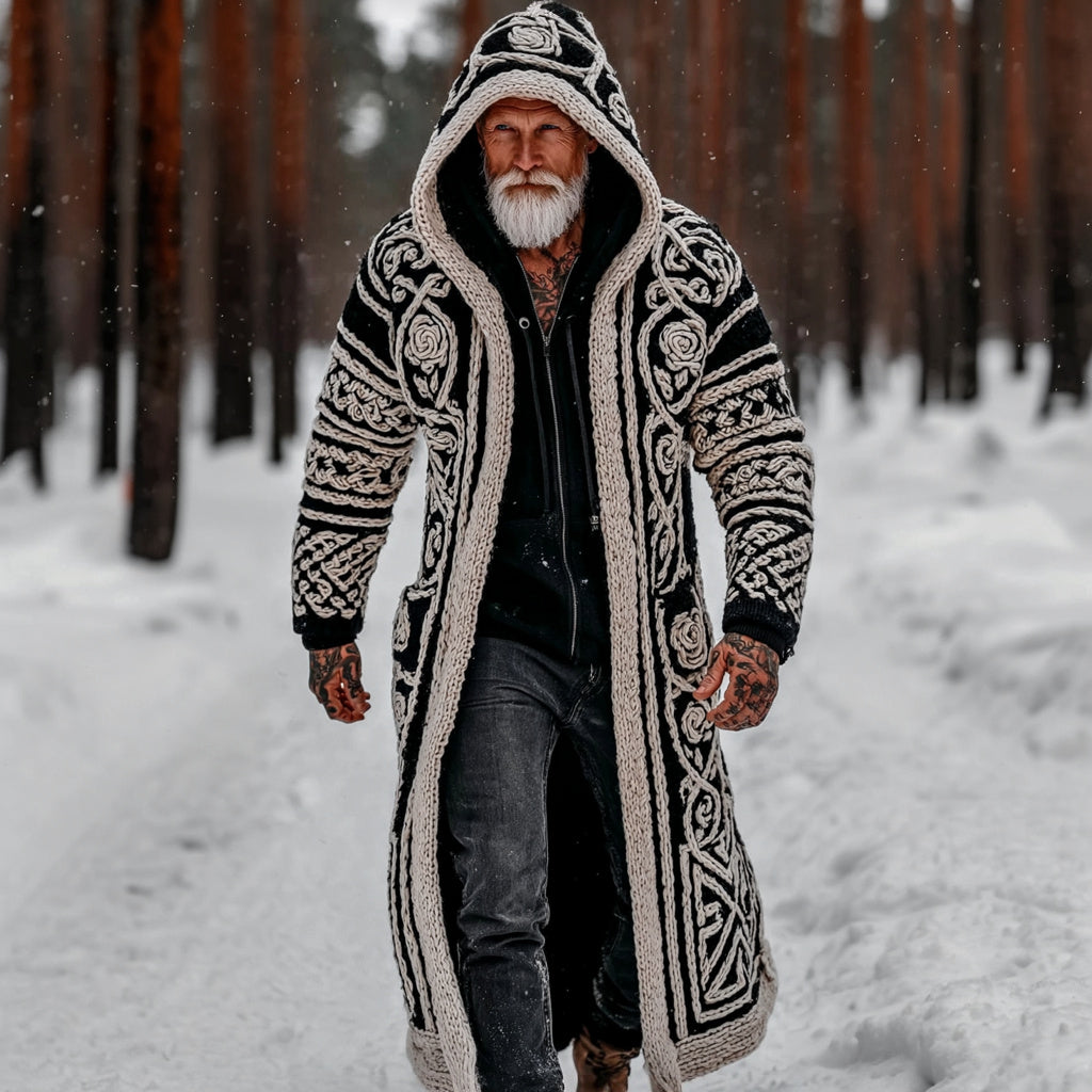 Men's Viking Tribal Jacquard Celtic With Rose Inspired  Art Mid-length Chunky Knit Bottom Hooded Cardigan Sweater artswardrobe