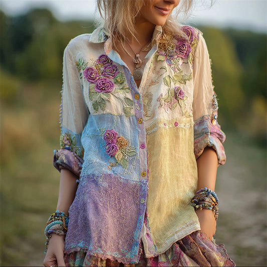 Boho Roses Floral Embroidered Colorblock Lace Stitched Linen Blouse artswardrobe