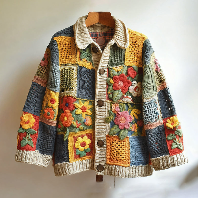 Comstylish Women's Floral Patchwork Art Cozy Knit Sweater Cardigan