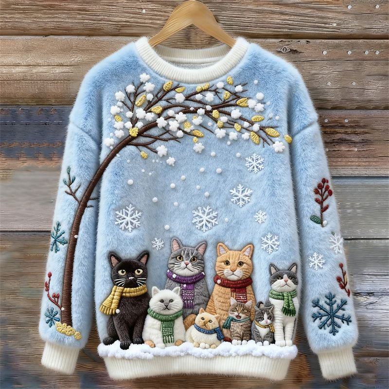 Jersey de algodón con gatos bajo un árbol nevado con bufandas