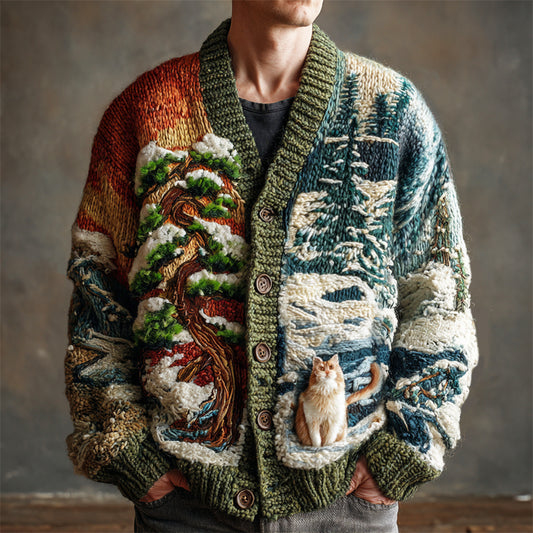 Snow Pine & Cat Men's Knit Cardigan artswardrobe