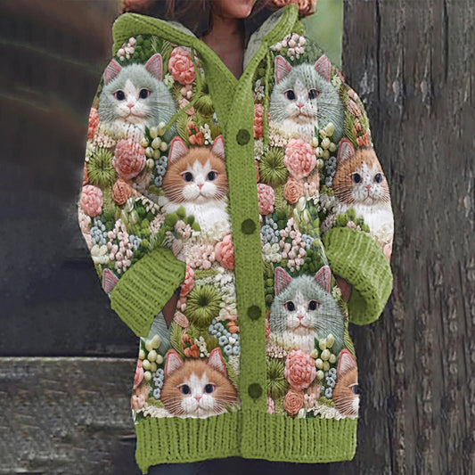 Cute Cat And Floral Embroidery Art Cozy Cardigan Sweater elevenforest