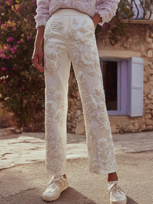 Comstylish Women's Vintage Floral Embroidered Casual Pants