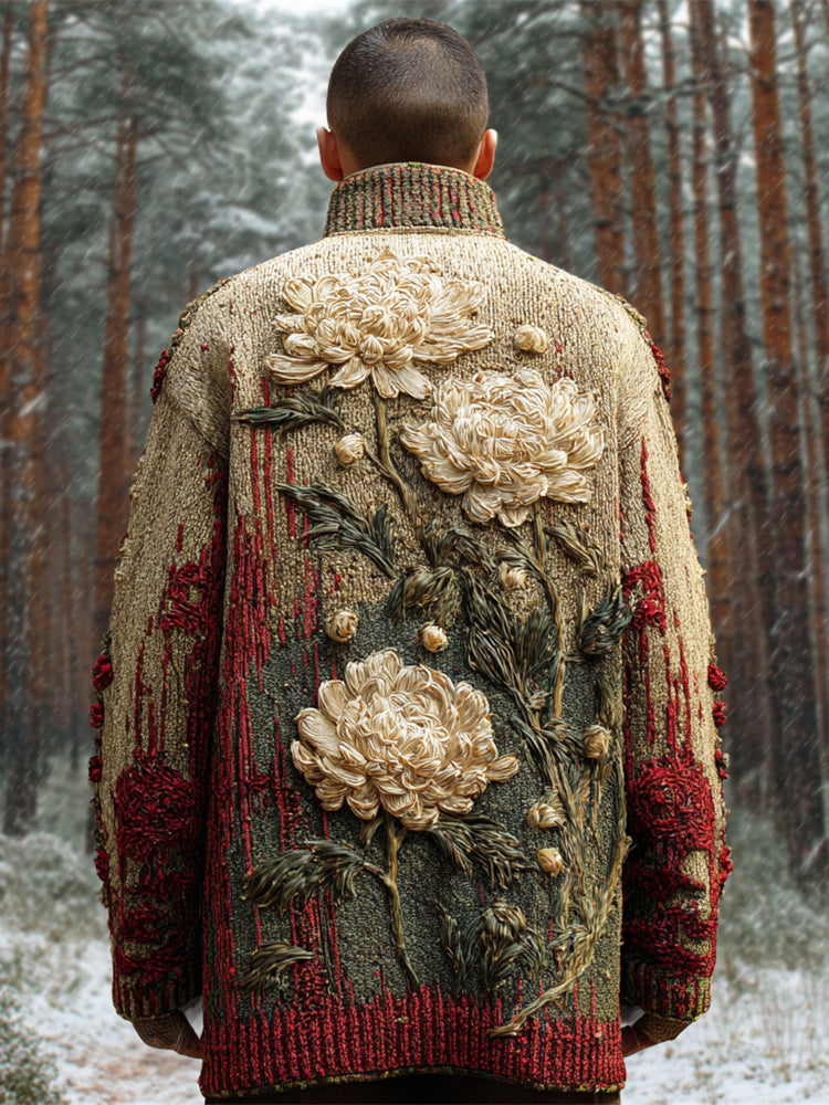 Vintage Japanese Chrysanthemum Art Men's Knit Cardigan artswardrobe