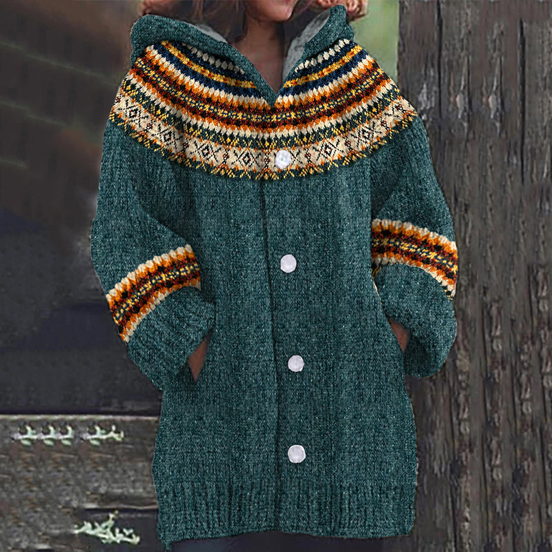 Icelandic Ethnic Print Long Sleeve Knitted Hooded Cardigan elevenforest