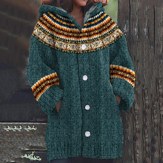 Icelandic Ethnic Print Long Sleeve Knitted Hooded Cardigan elevenforest