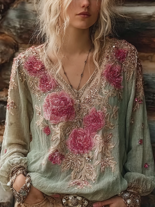 Bohemian Retro Plant And Flower Pattern Casual Cotton And Linen Long-sleeve Top elevenforest