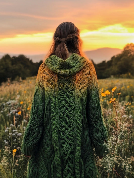 Vintage Celtic Knot Gradient Embroidery Women's Hooded Cardigan elevenforest