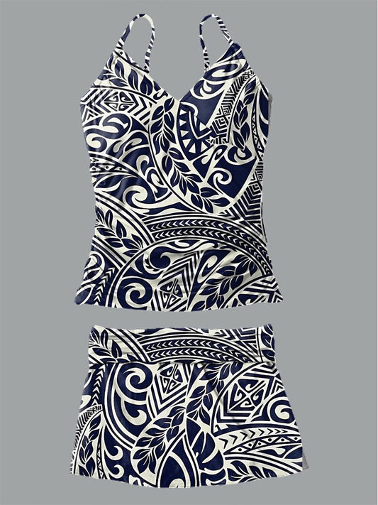 V-Neck Vintage Floral Art Print Suspender Skirt Tankini Pantskirt Set Swimsuit