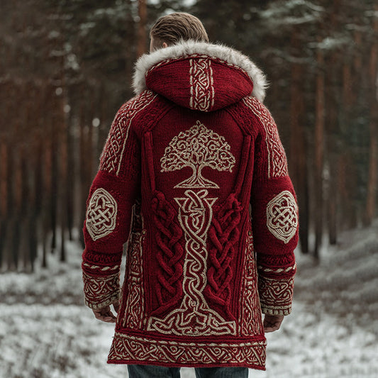 Vintage Christmas Life Of Tree Celtic Knit Fur Trim Cozy Hooded Cardigan artswardrobe