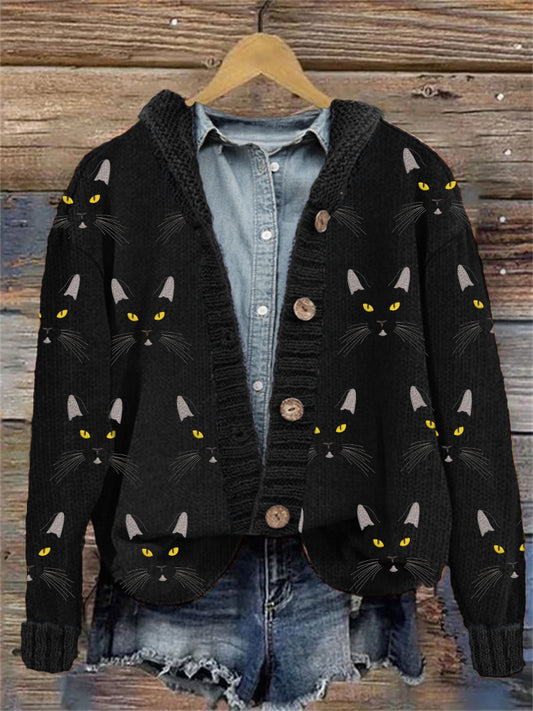 Black Cat Faces Embroidered Pattern Cozy Knit Hooded Cardigan elevenforest