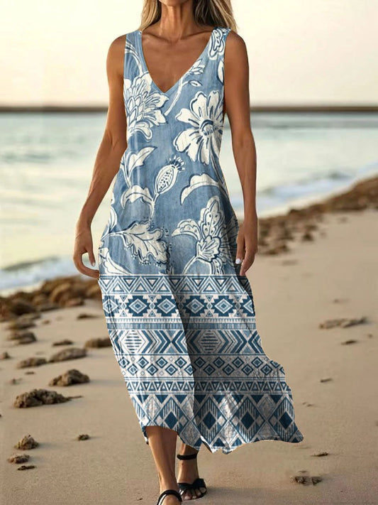 Women's Ethnic Floral Pattern Art Print Pocket Cotton Dresses