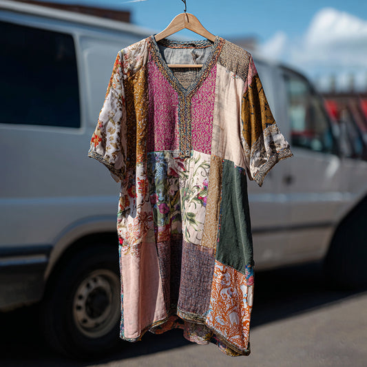 Countryside Style Collection Classy Patchwork Floral Pattern Art Linen Maxi Dress artswardrobe
