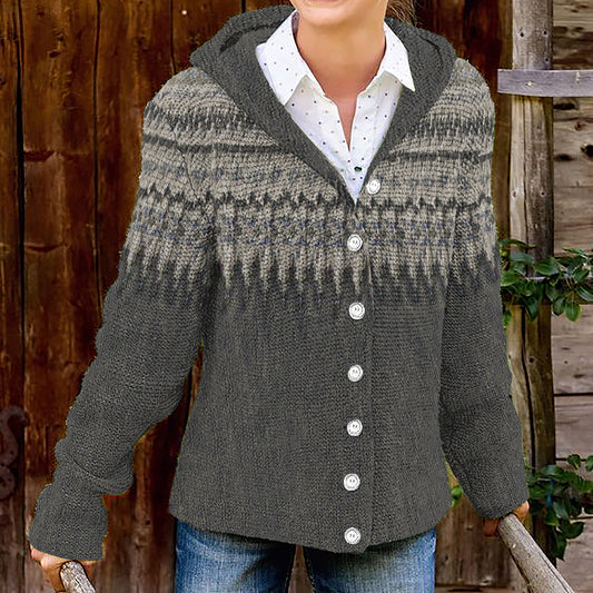 Vintage Geometric Print Knitted Button Hooded Cardigan elevenforest