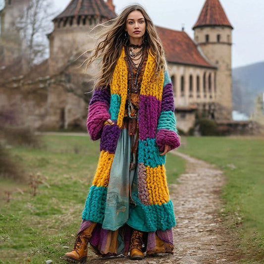 Women's Boho Geometric Contrast Color Comfortable Thick Cardigan artswardrobe