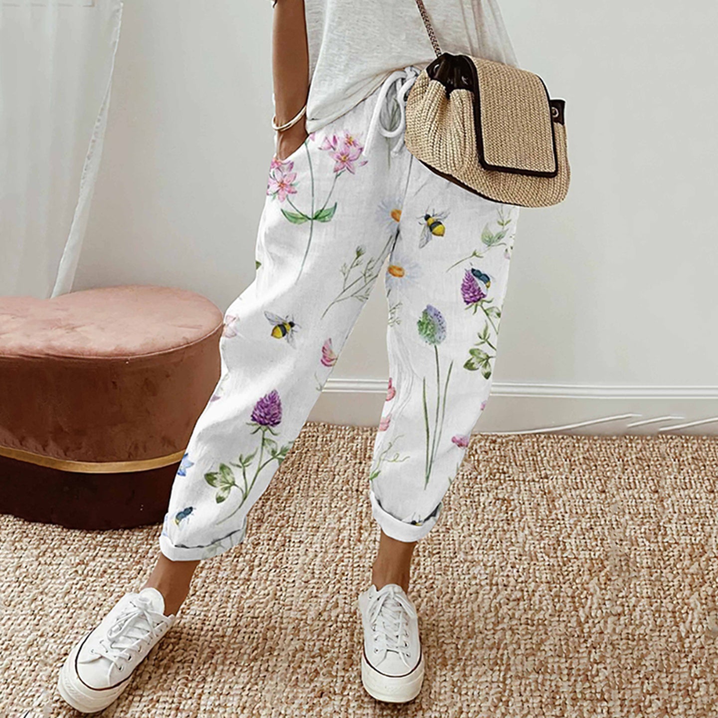 Bees Floral Print Elastic Drawstring High Rise Straight Leg Trousers artswardrobe