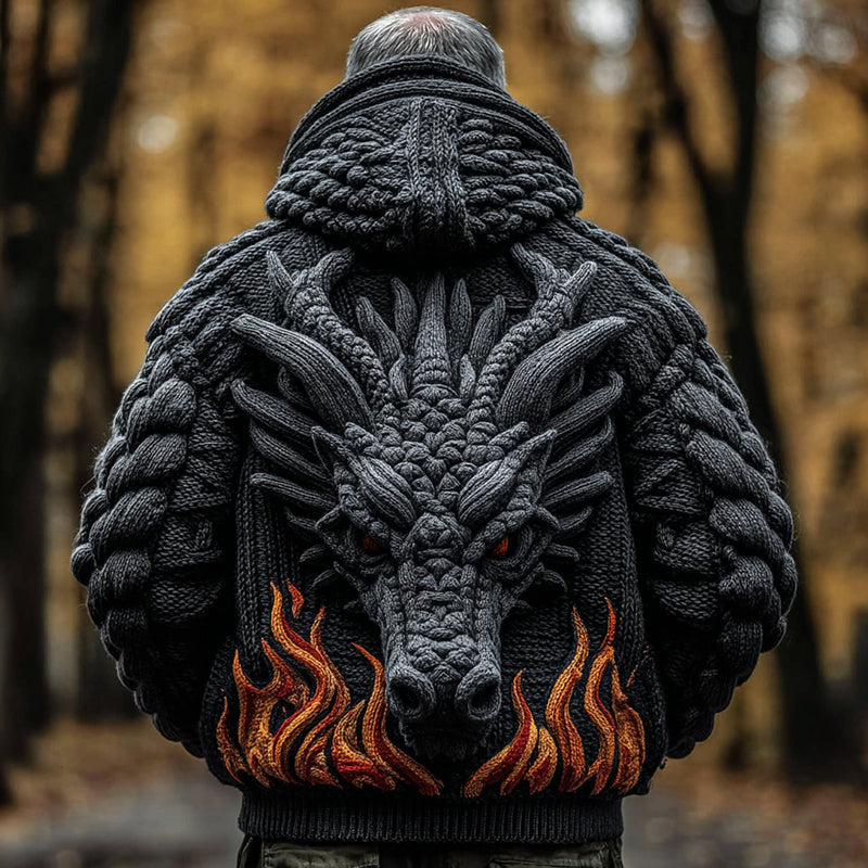 Men's Viking Dragon Totem Chunky Knit Hooded Cardigan artswardrobe
