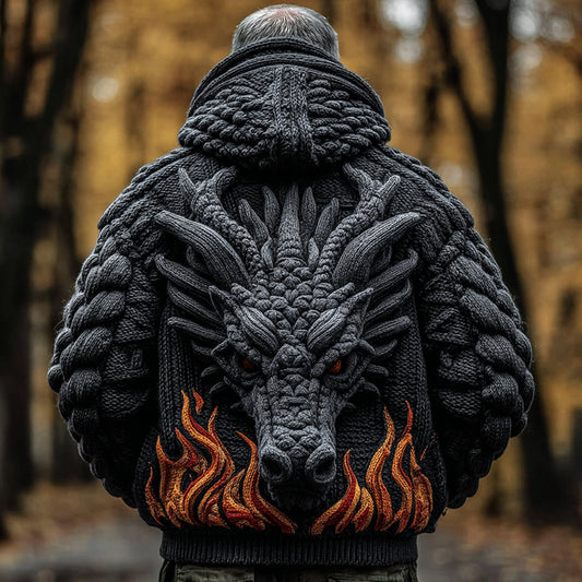 Men's Viking Dragon Totem Chunky Knit Hooded Cardigan artswardrobe