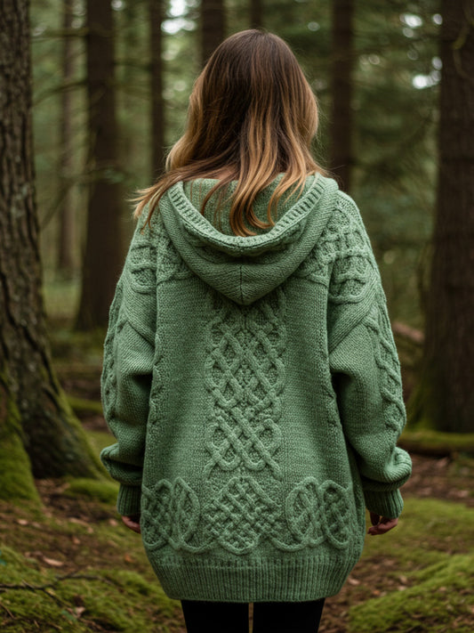 Women's Celtic Knot Gradient Color Cozy Knit Hooded Cardigan elevenforest