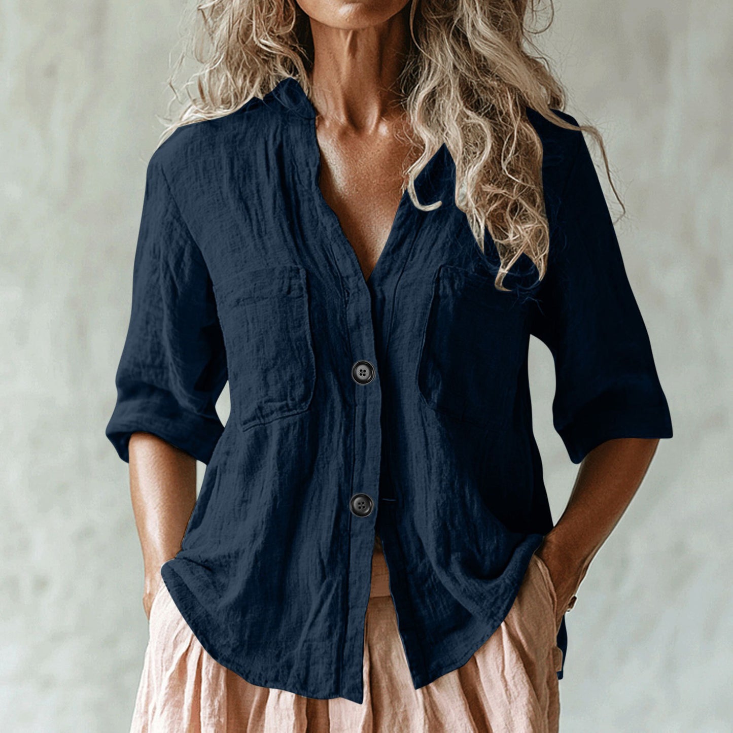 Comstylish Women's Vintage Solid Color Multiple Pockets Linen Shirt