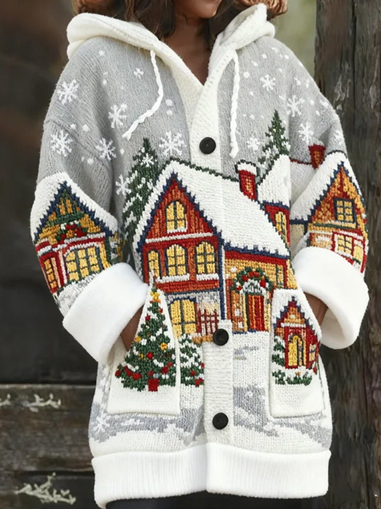 Christmas Embroidered House Cardigan Hooded Sweater