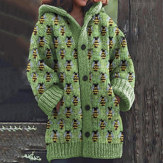 Bee Print Cozy Knitted Hooded Cardigan elevenforest