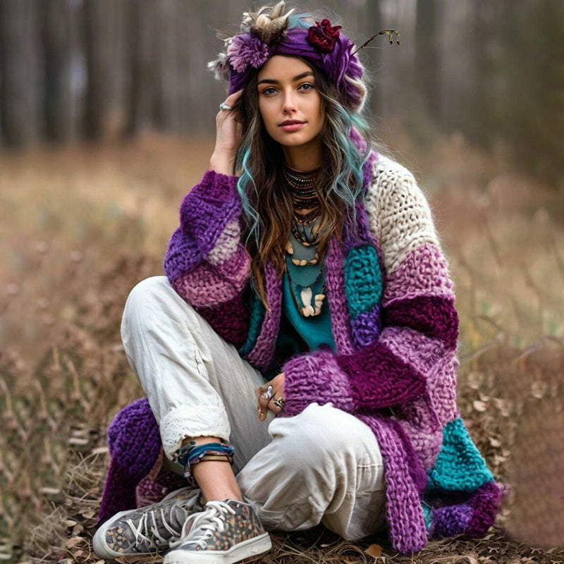 Boho Style Contrast Color Comfortable Thick Midi Length Cardigan artswardrobe