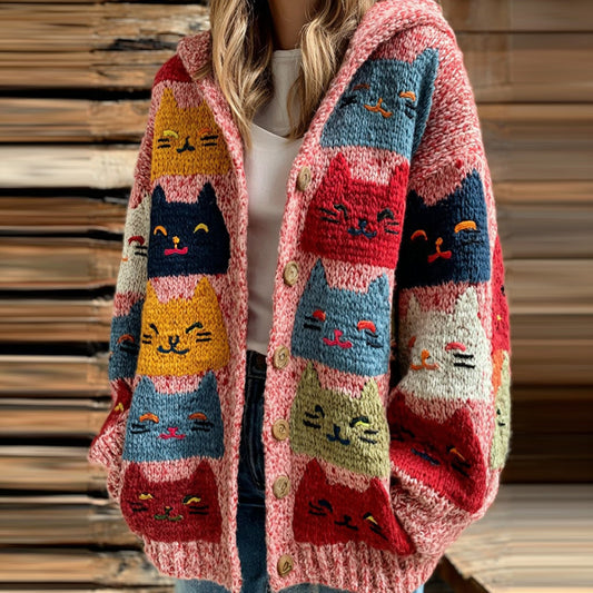 Comstylish Women's Colorful Cats Pattern Cozy Hooded Cardigan