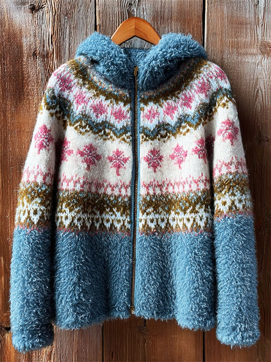 Vintage Classic Fair Isle Cozy Hooded Fleece Jacket elevenforest
