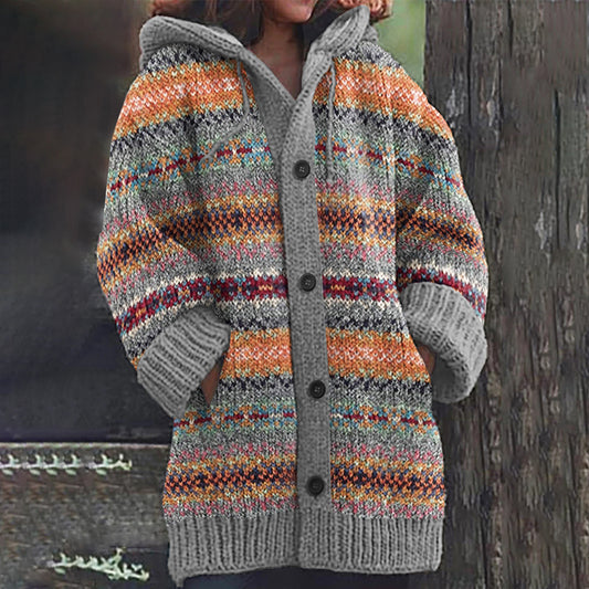 Vintage Icelandic Geometric Contrast Print Hooded Sweater Cardigan elevenforest