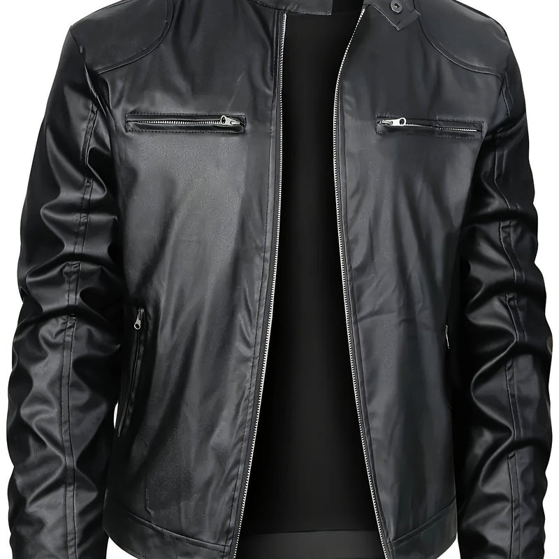 CM | Elegante chaqueta de piel de PU con bloques de color y diseño de cremallera múltiple