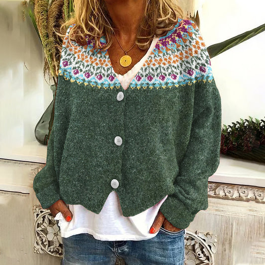 Button Color Block Icelandic Pattern Cardigan elevenforest